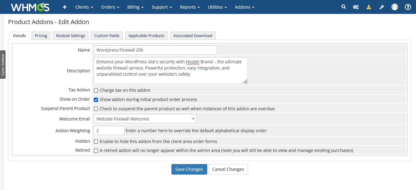 whmcs firewall addon service 2